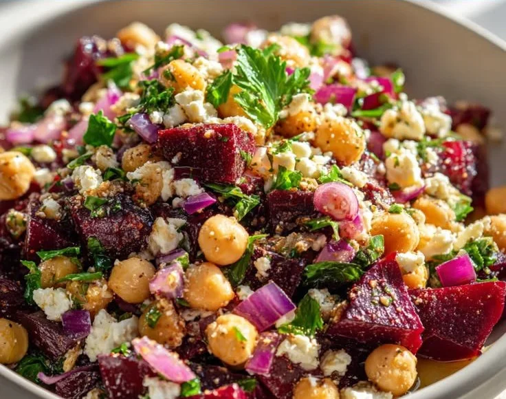 Kichererbsen-Rote Bete-Feta-Salat mit frischen Zutaten auf einem Teller