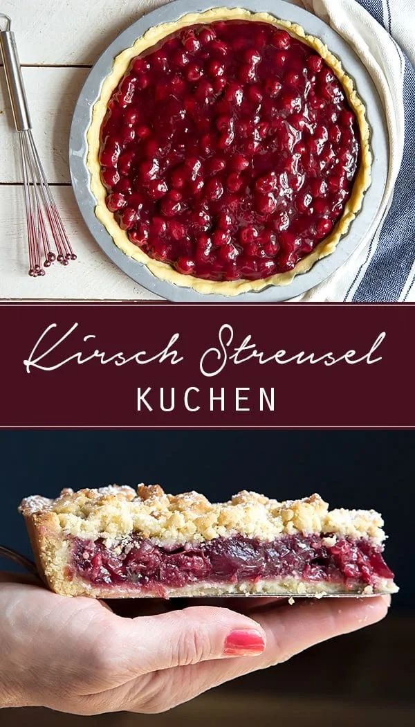 Leckerer Kirsch-Streusel-Kuchen auf einem Teller serviert.