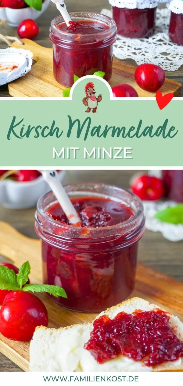Kirschmarmelade mit frischer Minze und eingekochten Kirschen für ein köstliches Frühstück.