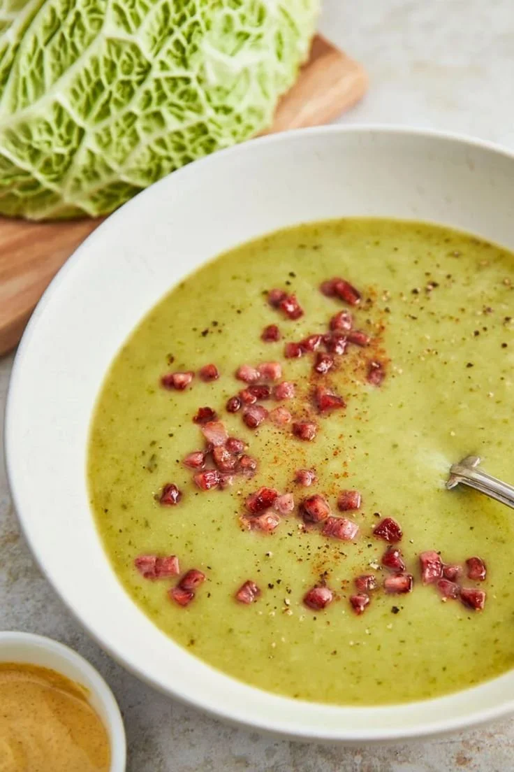 Würzige Wirsingsuppe in einer Schüssel, garniert mit frischen Kräutern.