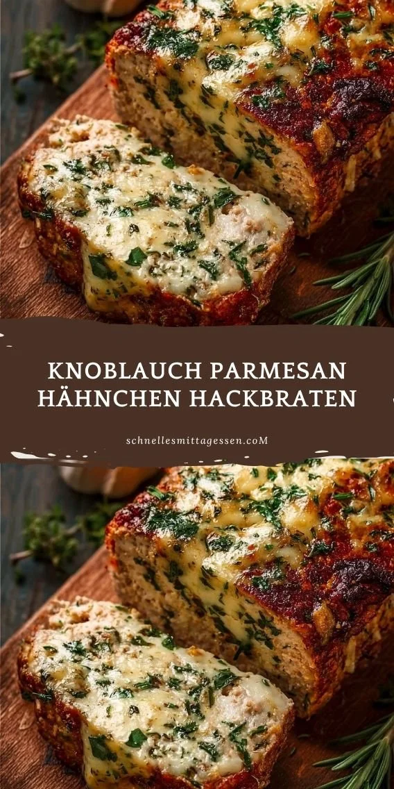 Knoblauch Parmesan Hähnchen Hackbraten auf einem weißen Teller garniert mit Kräutern.