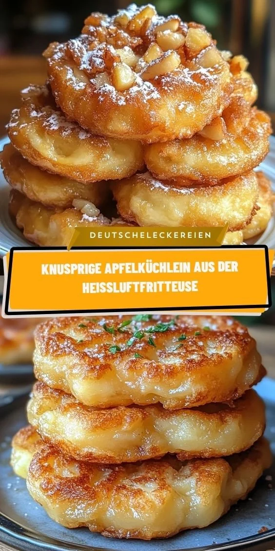 Knusprige Apfelküchlein aus der Heißluftfritteuse auf einem Teller serviert