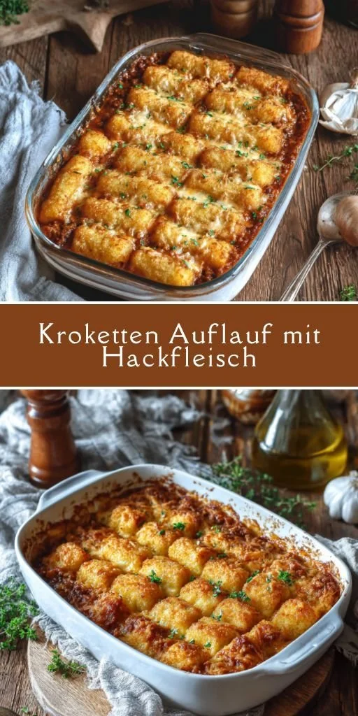 Kroketten Auflauf mit Hackfleisch auf einem Teller serviert.