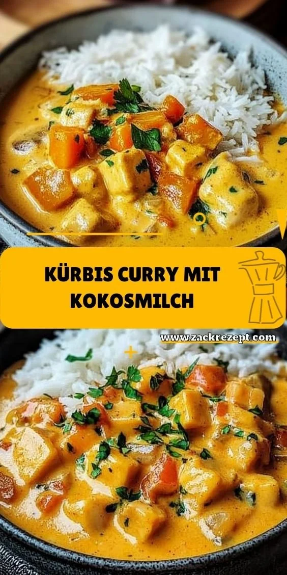 Leckeres Kürbis Curry mit Kokosmilch in einer bunten Schüssel serviert