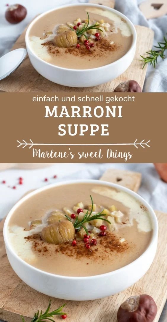 Schüssel mit Maronen Zimt Suppe, serviert mit frischen Kräutern.