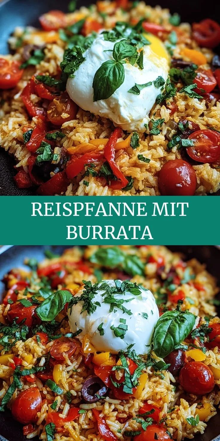 Mediterrane Reispfanne mit Burrata auf einem Teller angerichtet.
