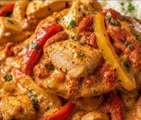 Köstliches Paprika-Hähnchen in einer Pfanne zubereitet