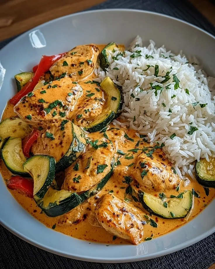 Paprika-Zucchini-Sahne-Hähnchen auf einem Teller serviert.