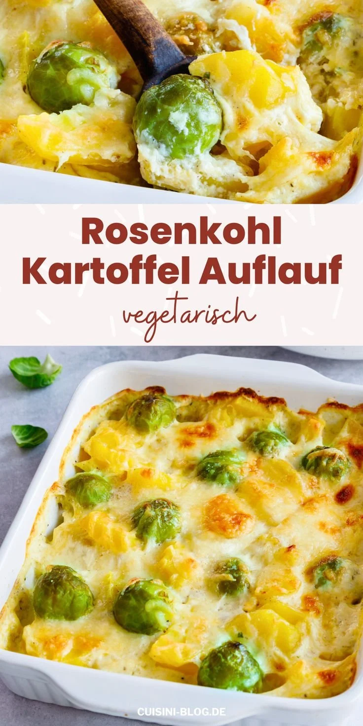 Leckerer vegetarischer Rosenkohl-Kartoffel-Auflauf frisch aus dem Ofen