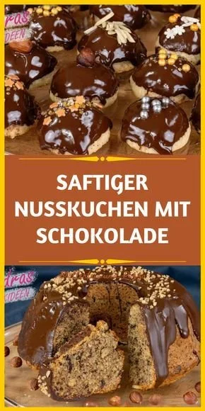 Saftiger Nusskuchen mit Schokolade auf einem Teller, dekoriert mit Nüssen