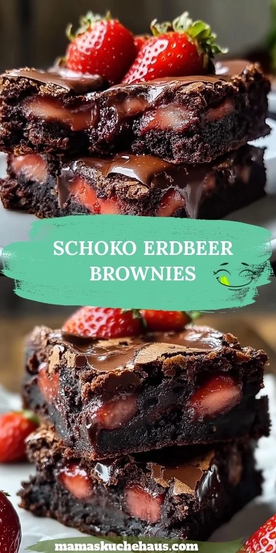 Schoko Erdbeer Brownies mit Schokoladenglasur und frischen Erdbeeren