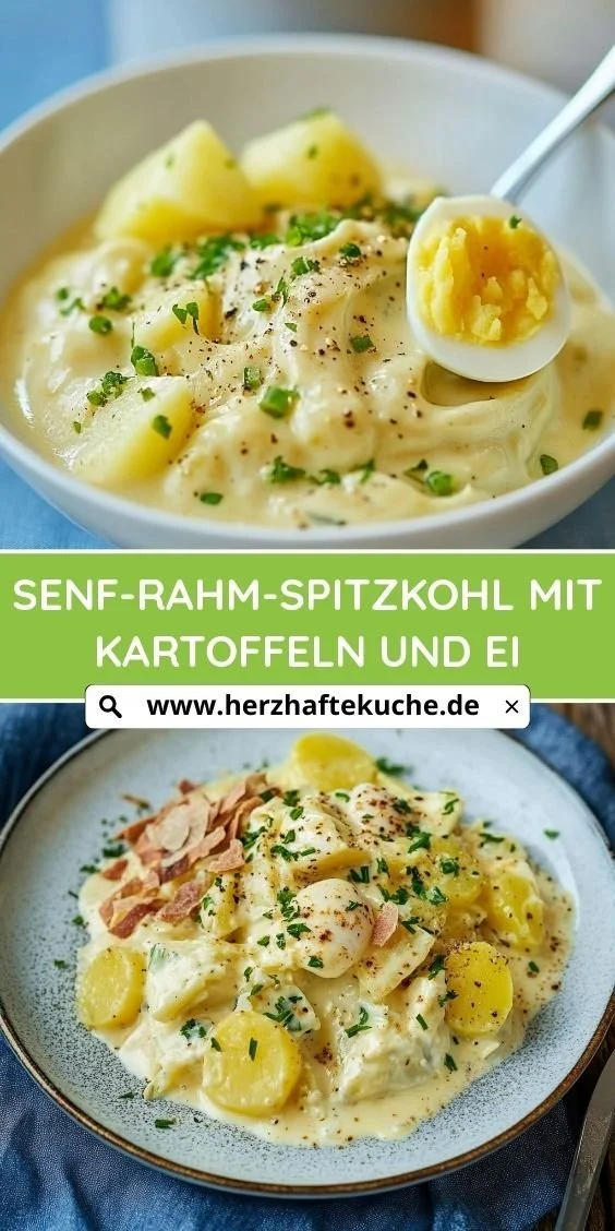 Senf-Rahm-Spitzkohl mit Kartoffeln und Ei auf einem Teller serviert.