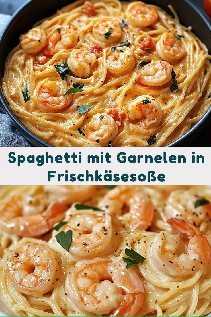 Spaghetti mit Garnelen in einer cremigen Frischkäsesoße serviert