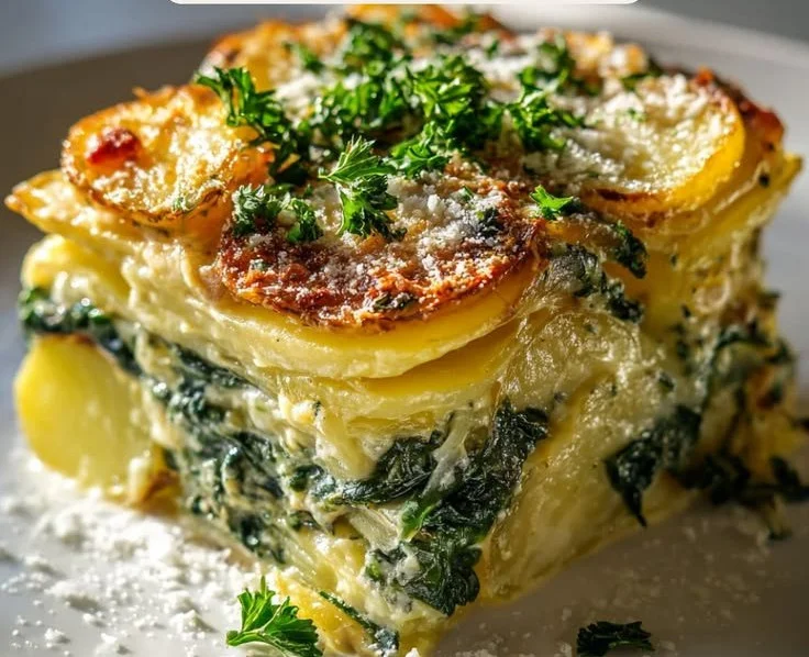 Köstlicher Spinat-Kartoffel-Auflauf mit Knoblauch auf einem Teller serviert.