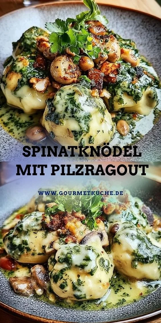Spinatknödel serviert mit leckerem Pilzragout auf einem weißen Teller.