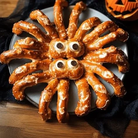 Halloween-Spinne aus gefrorenen Laugenstangen auf einem dekorativen Teller