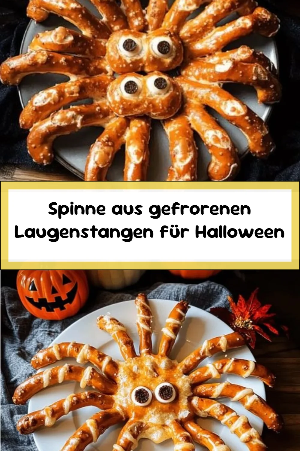 Spinne aus gefrorenen Laugenstangen für Halloween