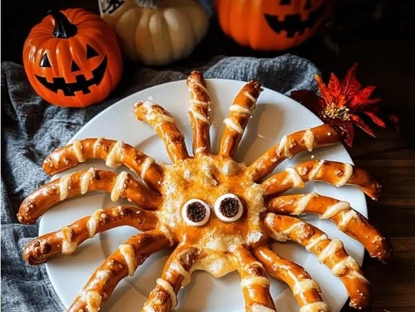 Spinne aus gefrorenen Laugenstangen für Halloween