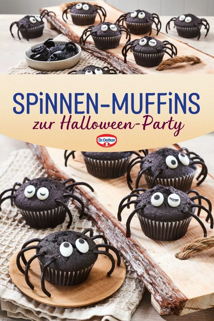 Leckere Spinnen-Muffins für Halloween-Party dekoriert mit Spinnen-Motiv.
