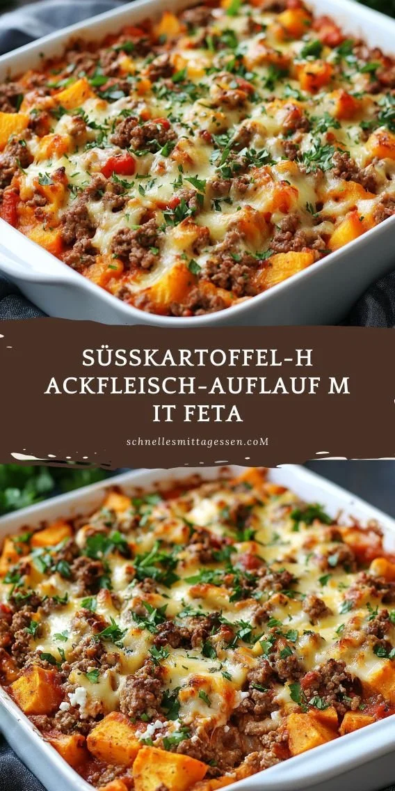 Herzhafter Süßkartoffel-Hackfleisch-Auflauf mit Feta aus dem Ofen
