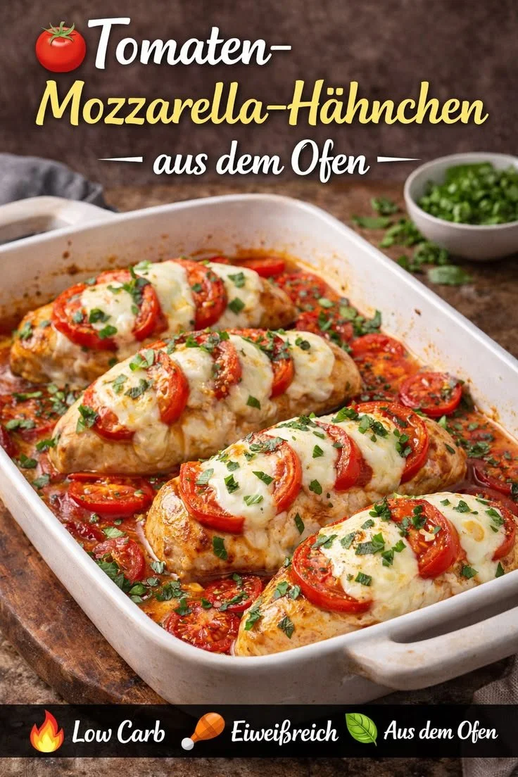 Ofengericht mit Tomaten, Mozzarella und Hähnchenbrustfilet