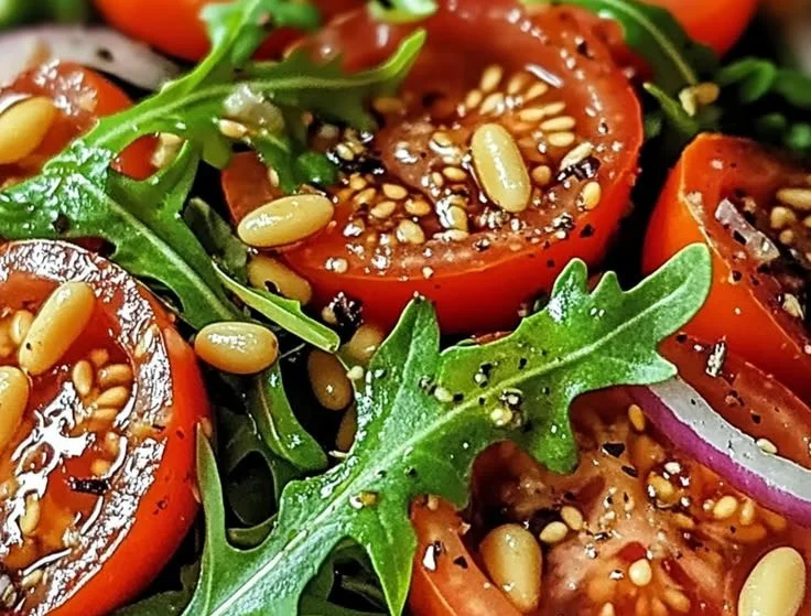 Tomaten-Rucola-Salat mit Pinienkernen auf einem Teller