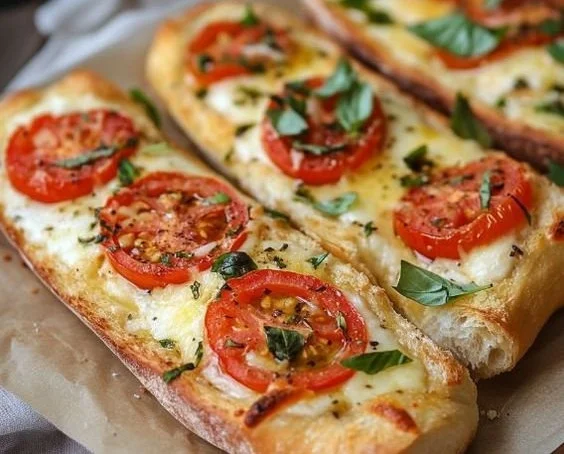 Überbackene Baguettscheiben mit Käse und Kräutern frisch aus dem Ofen