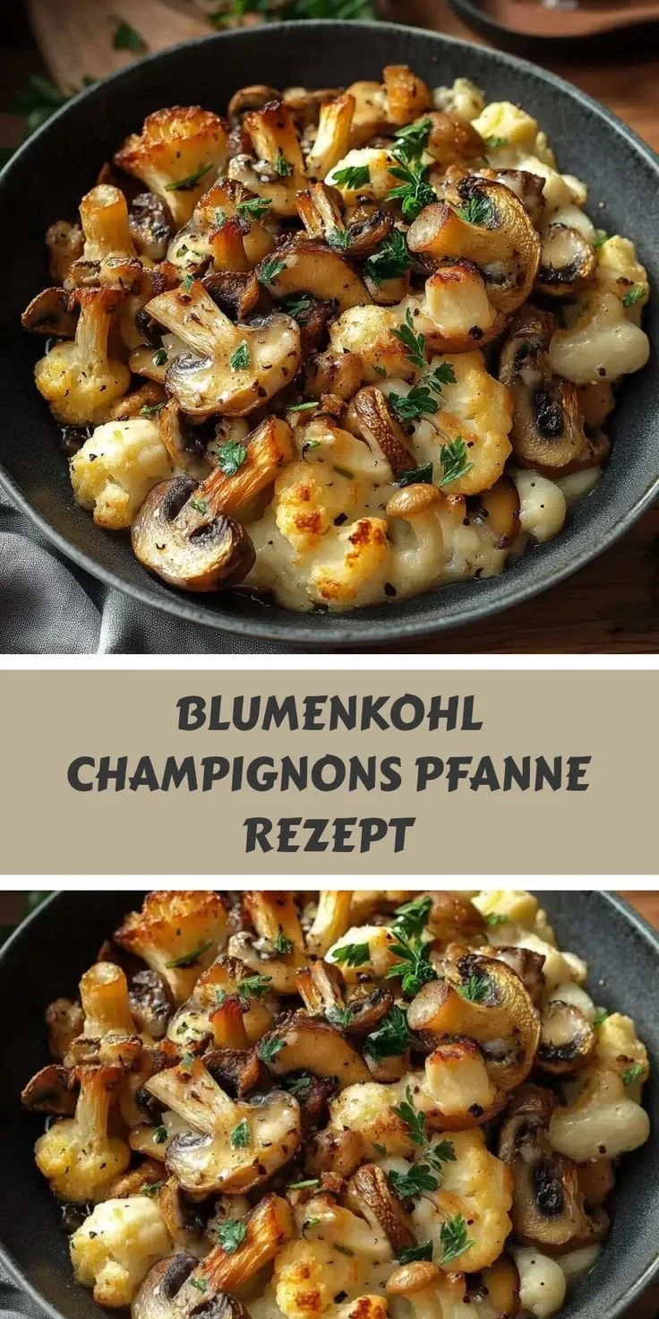 Leckere Blumenkohl-Champignons-Pfanne auf einem Teller serviert.