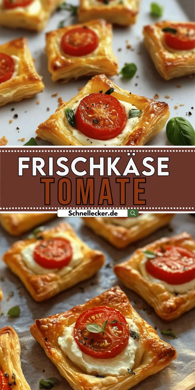 Vegane Blätterteigteilchen mit Frischkäse und Tomate auf einem Teller