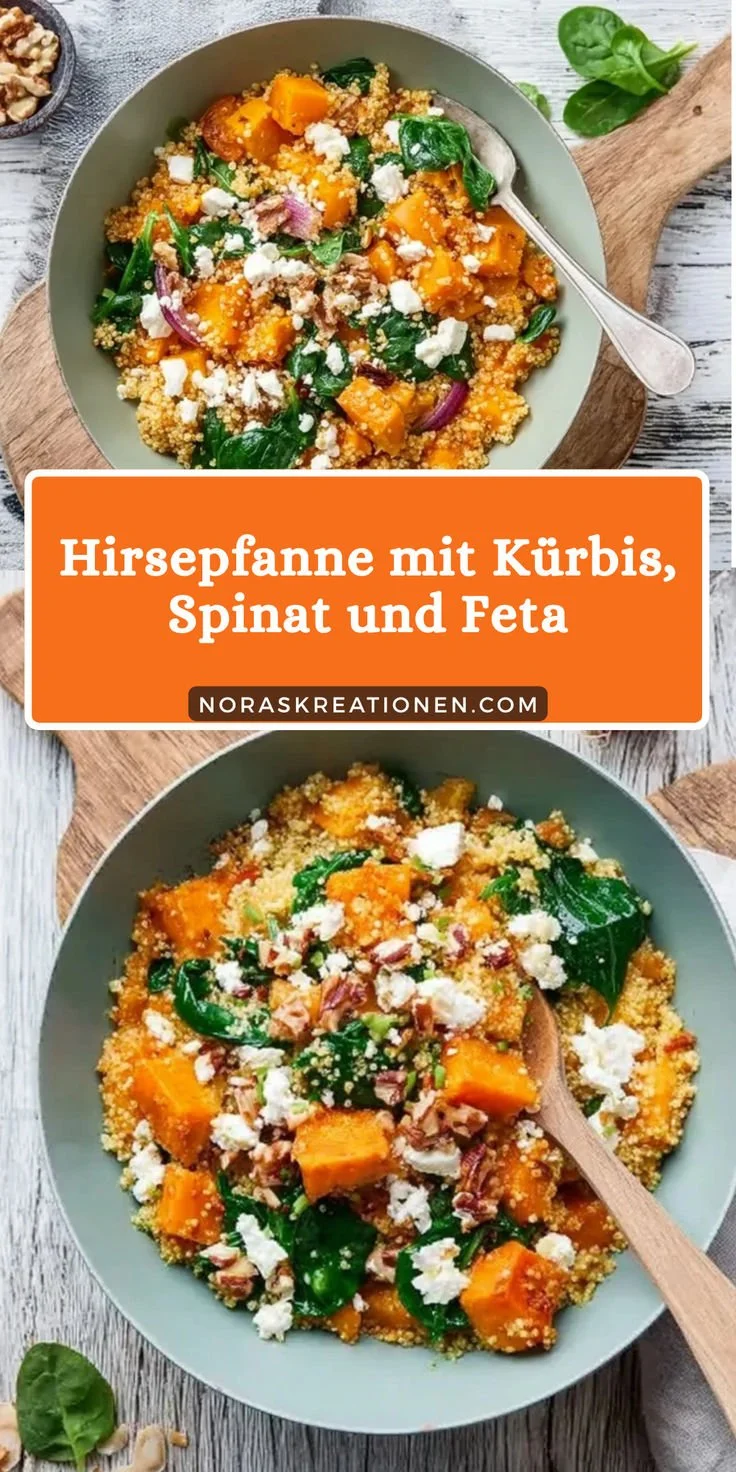 Vegetarische Hirsepfanne mit Kürbis und Spinat auf einem Teller