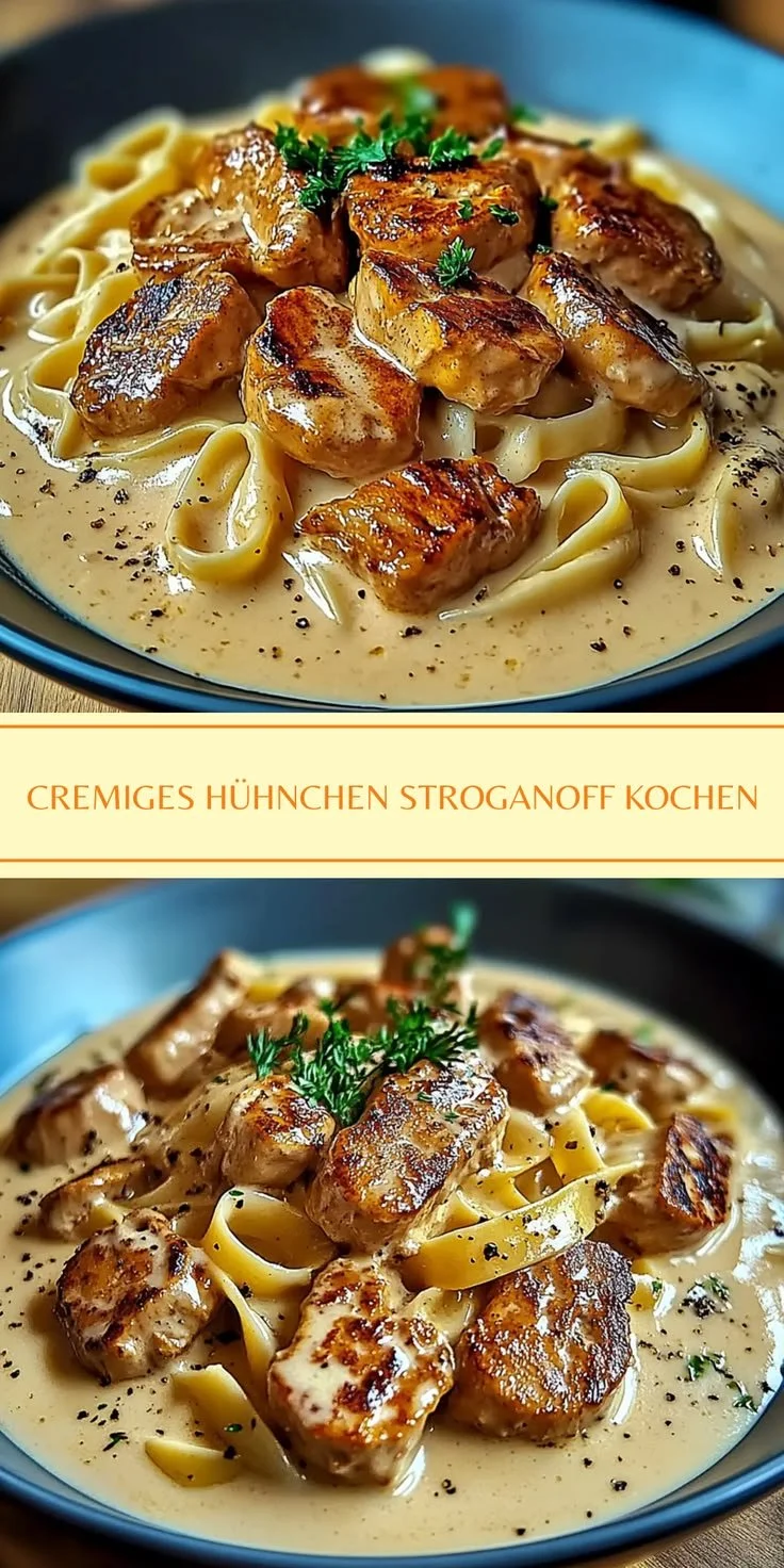 Cremiges Hühnchen Stroganoff mit zarten Hühnerstücken und cremiger Sauce