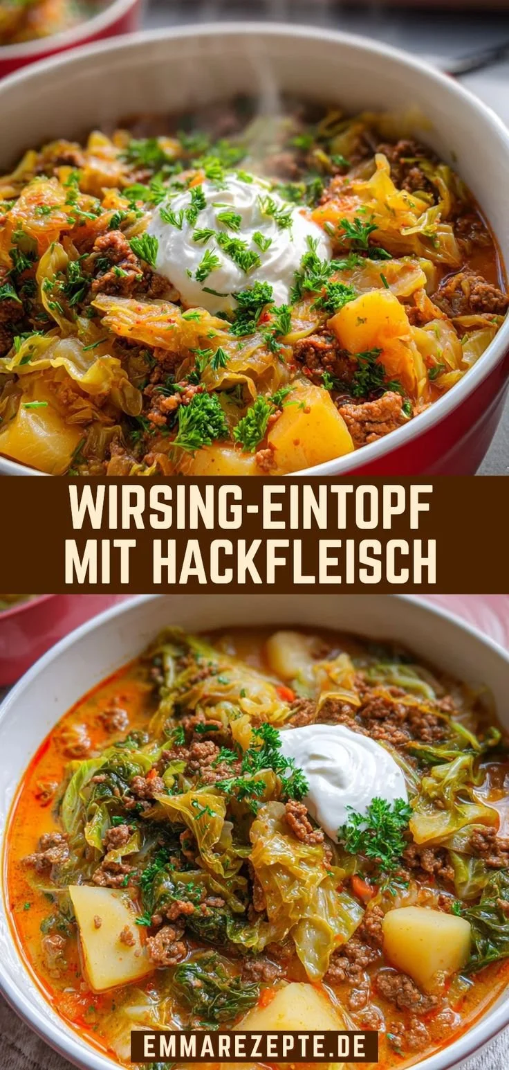 Wirsing-Eintopf mit Hackfleisch und Kartoffeln in einem Topf serviert