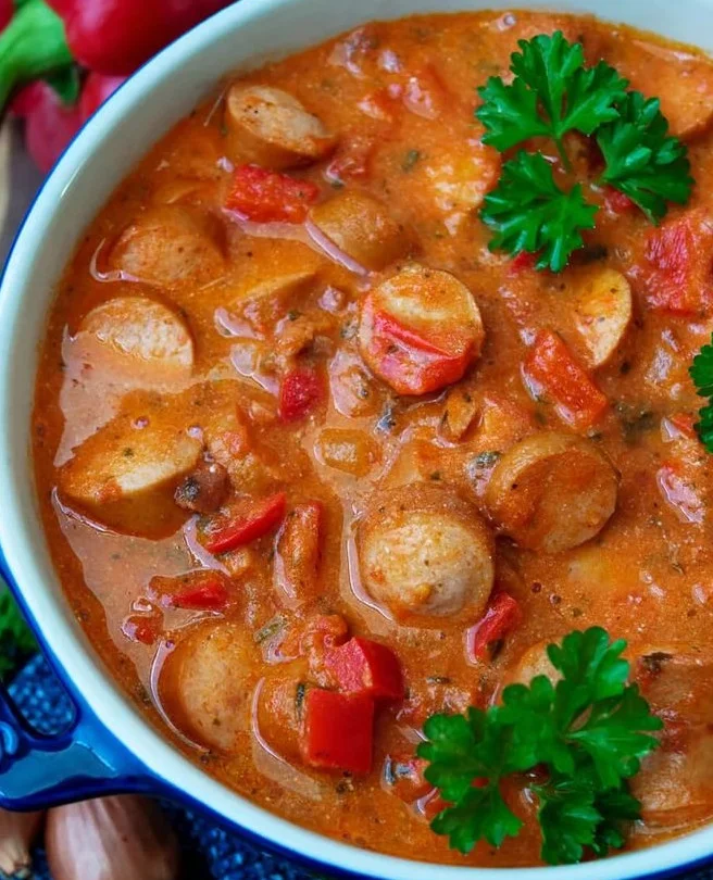Würstchengulasch serviert in einer dekorativen Schüssel mit frischen Kräutern.