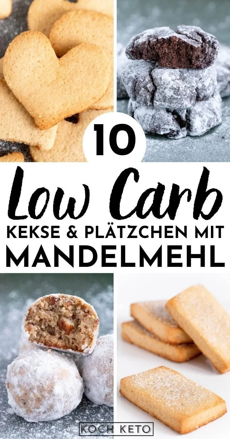 Bunte Auswahl an Mandelmehl Keksen auf einem Teller, ideal für Low Carb Ernährung.