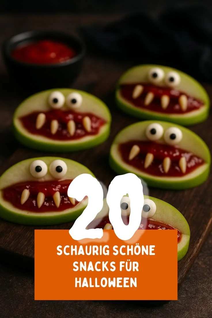 20 gruselige Snacks für Halloween auf einem Tisch dekoriert mit gruseligen Details.
