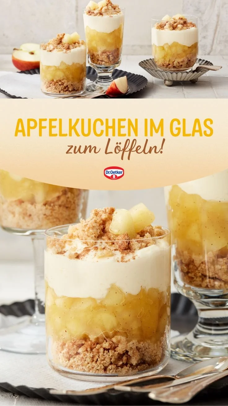 Leckerer Apfelkuchen im Glas zum Löffeln mit frischen Äpfeln und Gewürzen