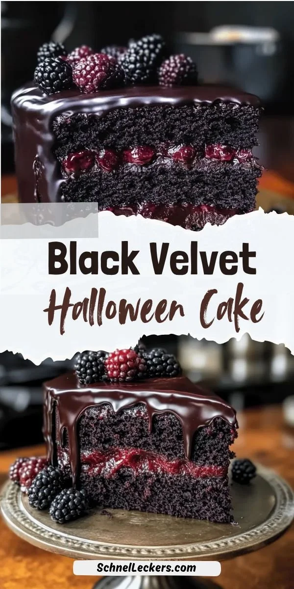 Schwarzer Samt-Halloween-Kuchen mit Brombeerfüllung auf einem Tisch dekoriert.