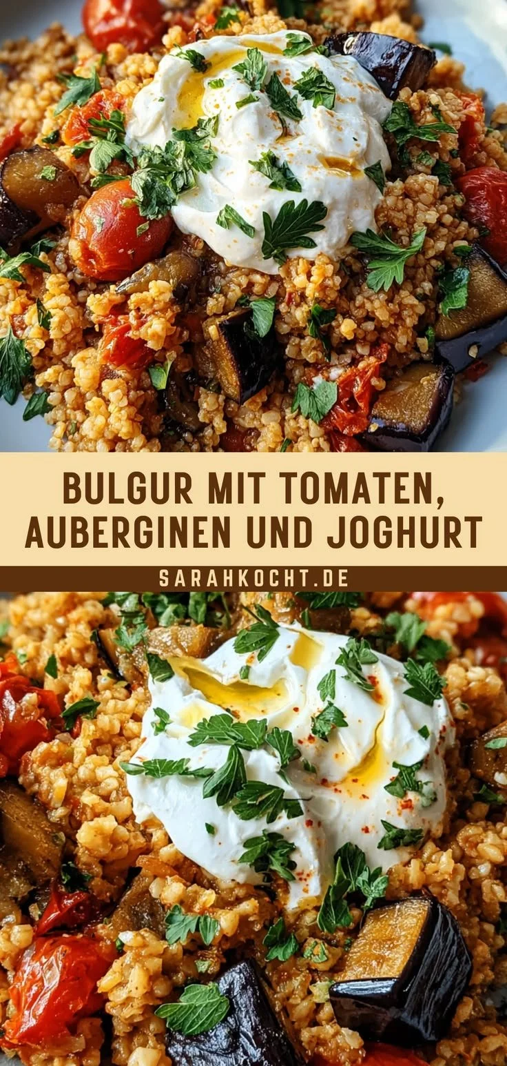 Bulgur mit Tomaten, Auberginen und Joghurt auf einem Teller serviert.