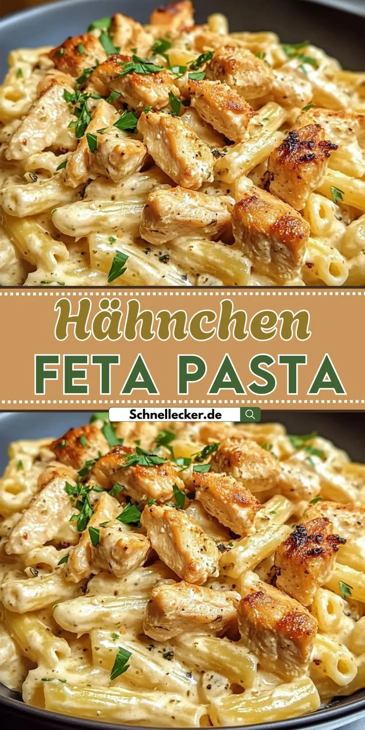 Cremige Hähnchen-Feta-Pasta auf einem Teller, perfektes Feierabendgericht