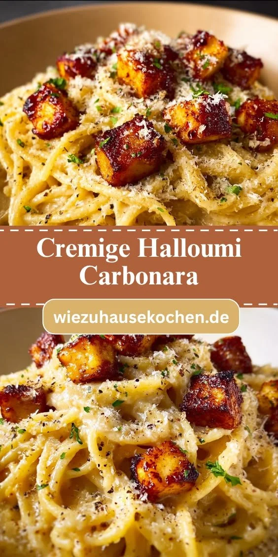 Cremige Halloumi Carbonara in einer Schüssel mit frischen Zutaten