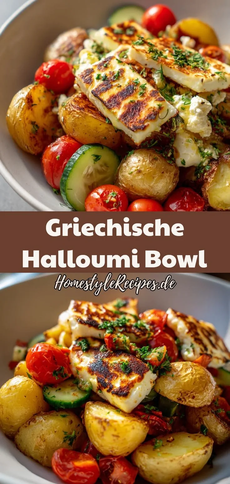 Bowl mit griechische Kartoffeln und Halloumi auf einem Tisch