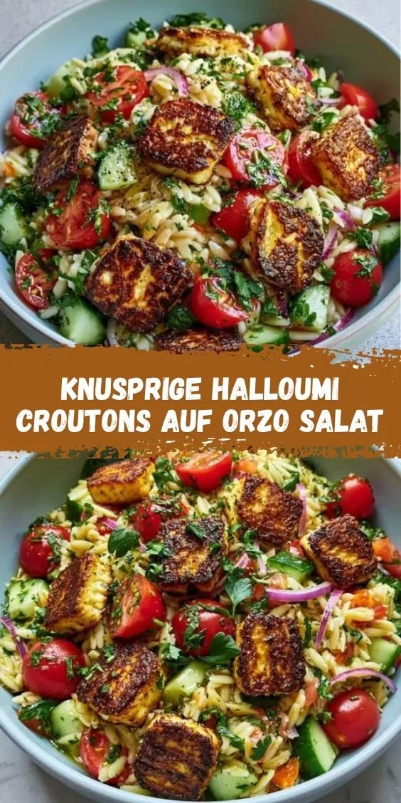 Kritharaki Salat mit Halloumi Croutons auf einem Teller
