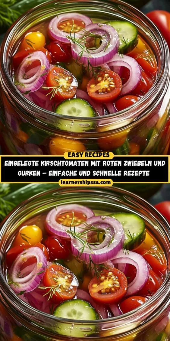 Eingelegte Kirschtomaten mit roten Zwiebeln und Gurken in einem Glas.