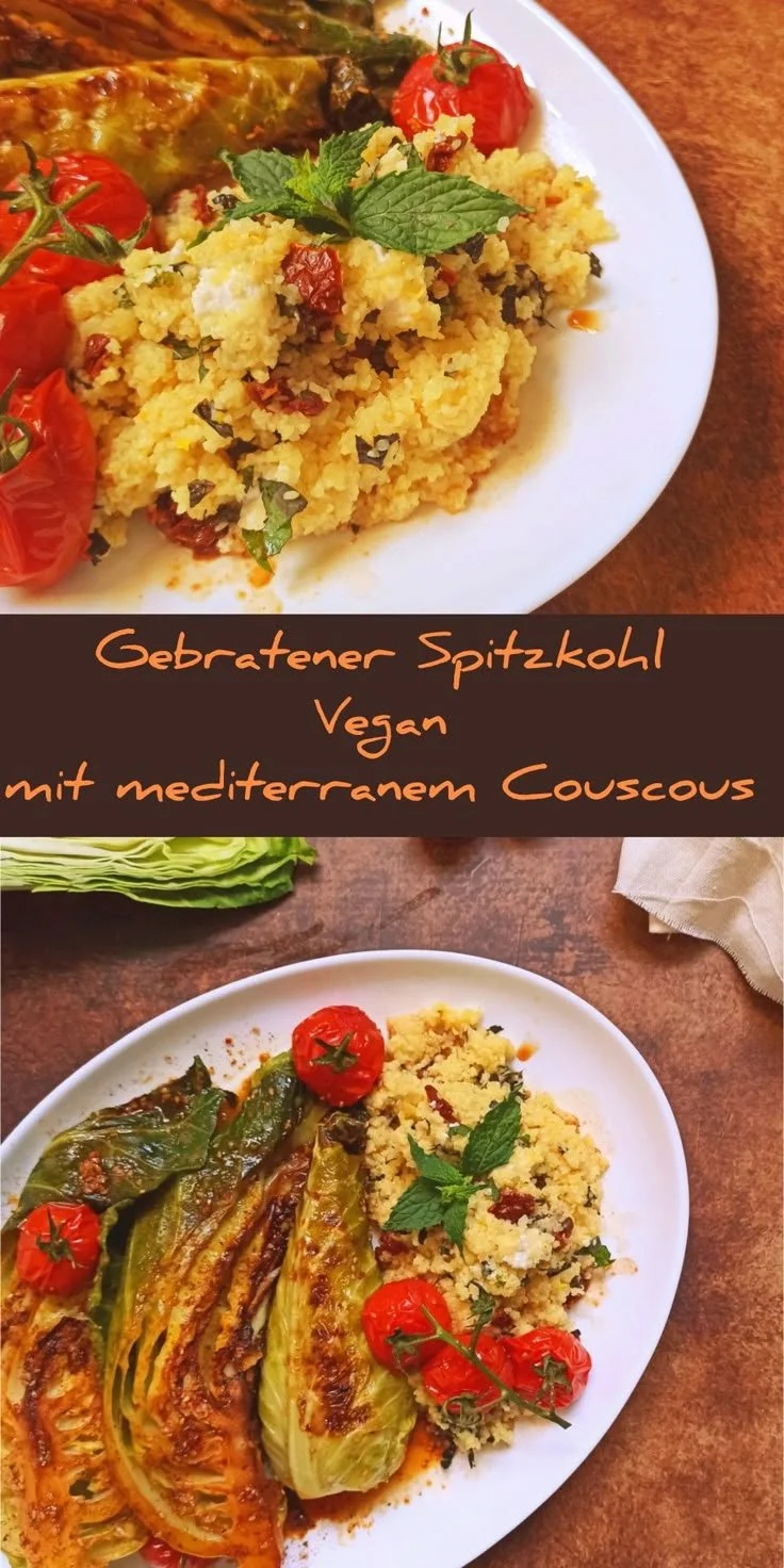 Gebratener Spitzkohl mit Zitronen-Minz Couscous auf einem Teller angerichtet
