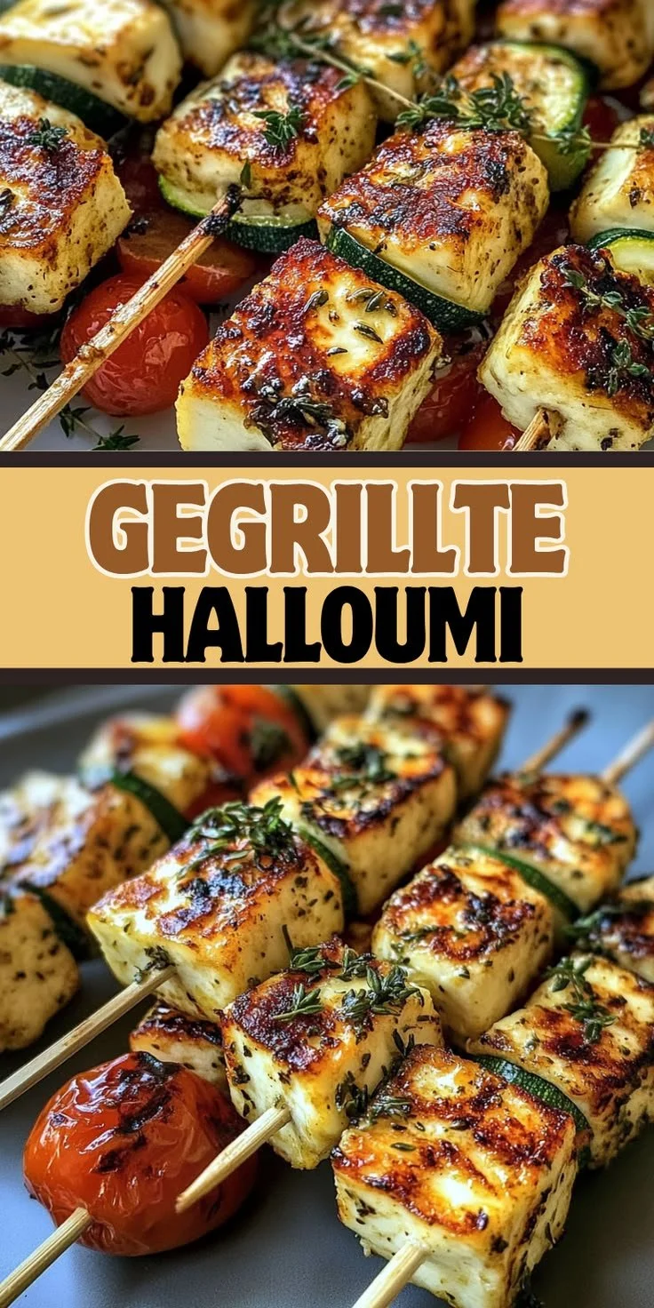 Gegrillte Halloumi-Spieße auf einem Grill, serviert mit Gemüse.