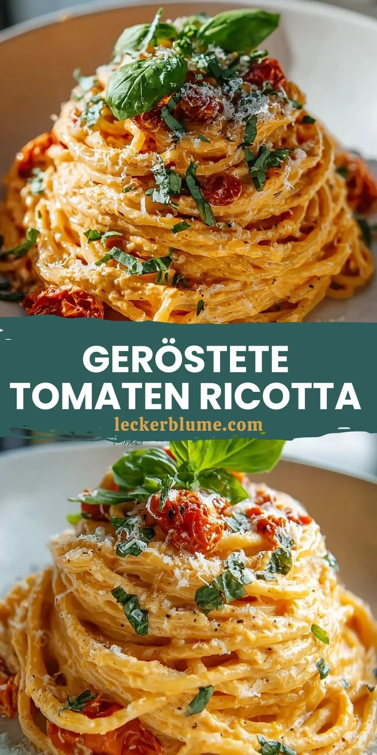 Schüssel mit Geröstete Tomaten Pasta und Ricotta, ansprechend angerichtet