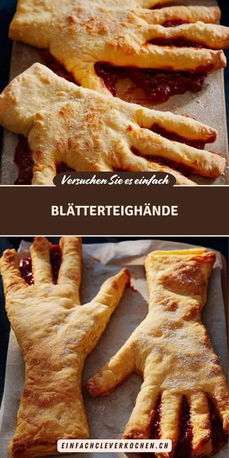 Gruselige Blätterteighände als Halloween Fingerfood auf einem Tisch angerichtet