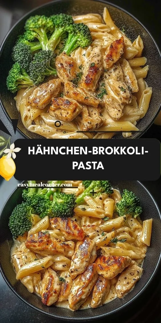 Leckere Hähnchen-Brokkoli-Pasta mit frischem Gemüse und Pasta.