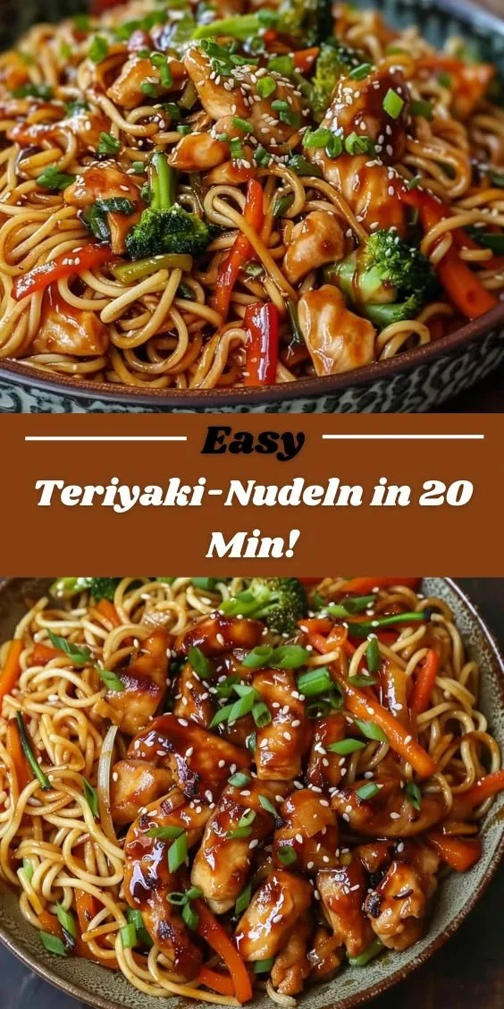 Hähnchen-Teriyaki-Nudeln in einer Schüssel mit frischem Gemüse