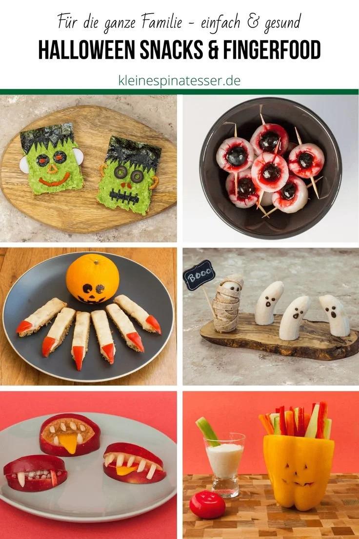 Gesunde Halloween-Essen für Kinder auf einem Tisch mit kreativen Snacks.